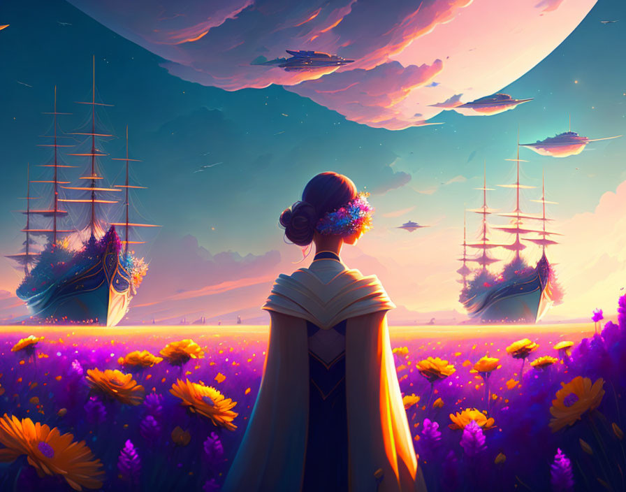 Woman in flower field with floating ships and moon in surreal sunset sky