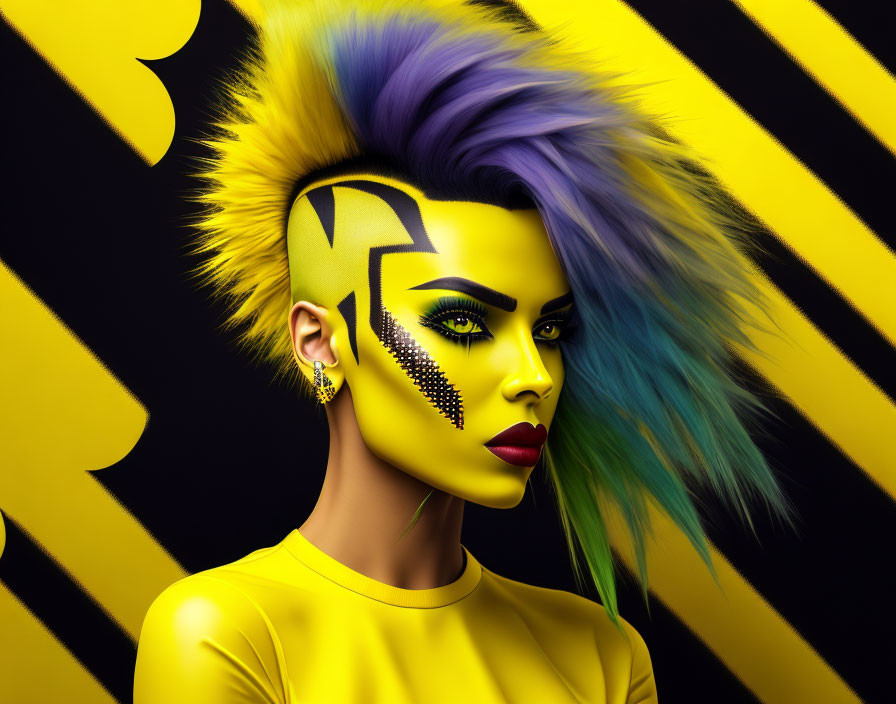 Vibrant Yellow and Purple Punk Makeup and Hair on Striped Background