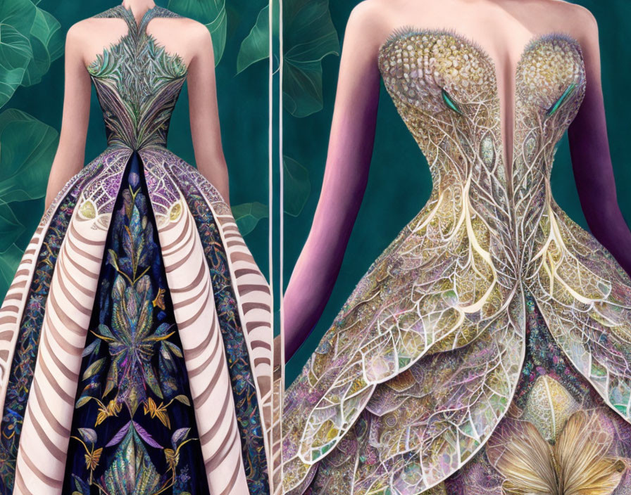 Intricate leaf and butterfly motif dresses on green backdrop