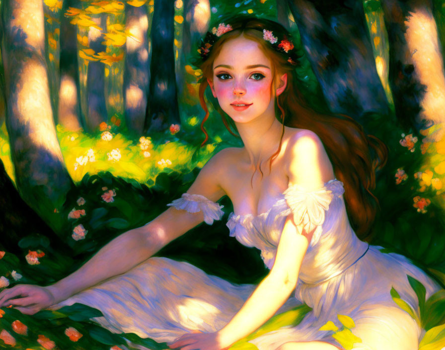 Young woman in floral wreath surrounded by sun-dappled forest