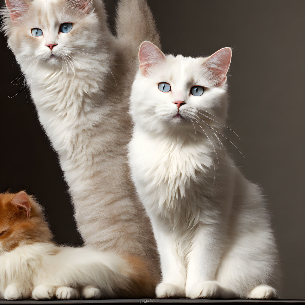 Three White Cats with Blue Eyes on Dark Background