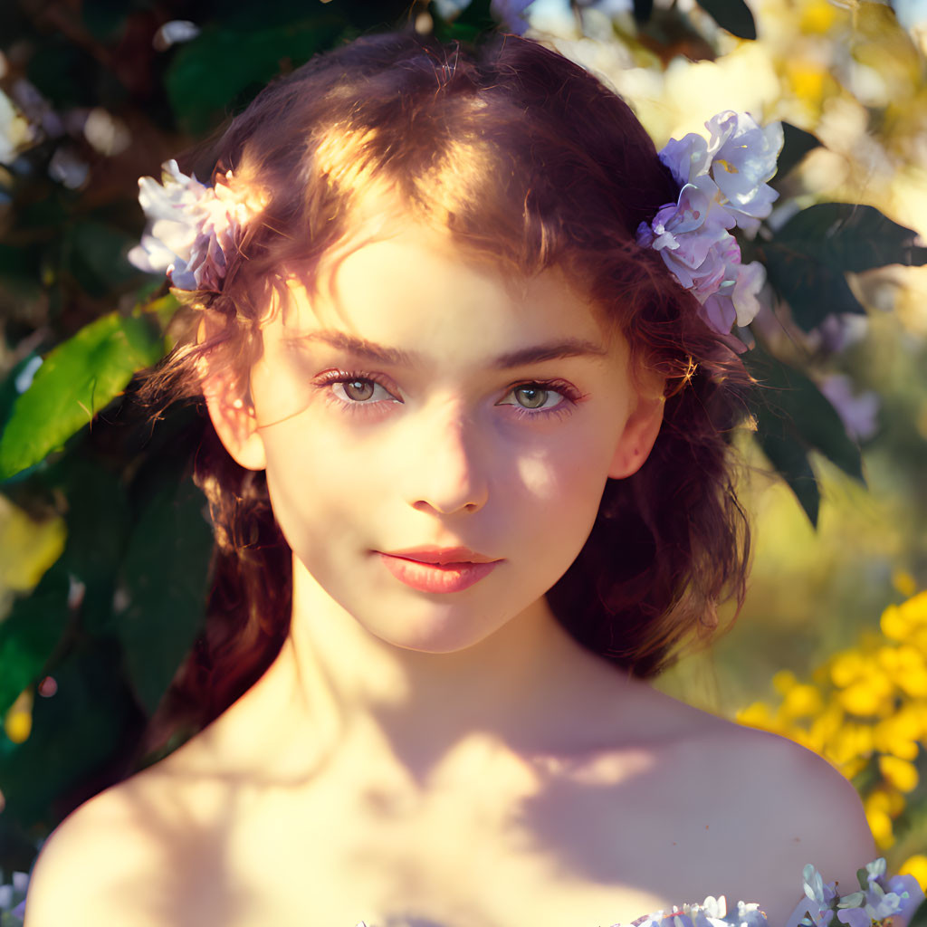 Young girl with flowers in hair in golden sunlight among foliage