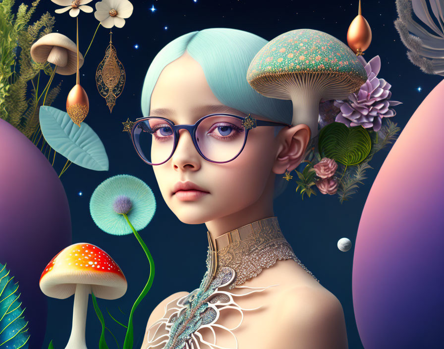 Digital Art: Girl with Blue Hair and Glasses Among Vibrant Mushrooms and Flowers