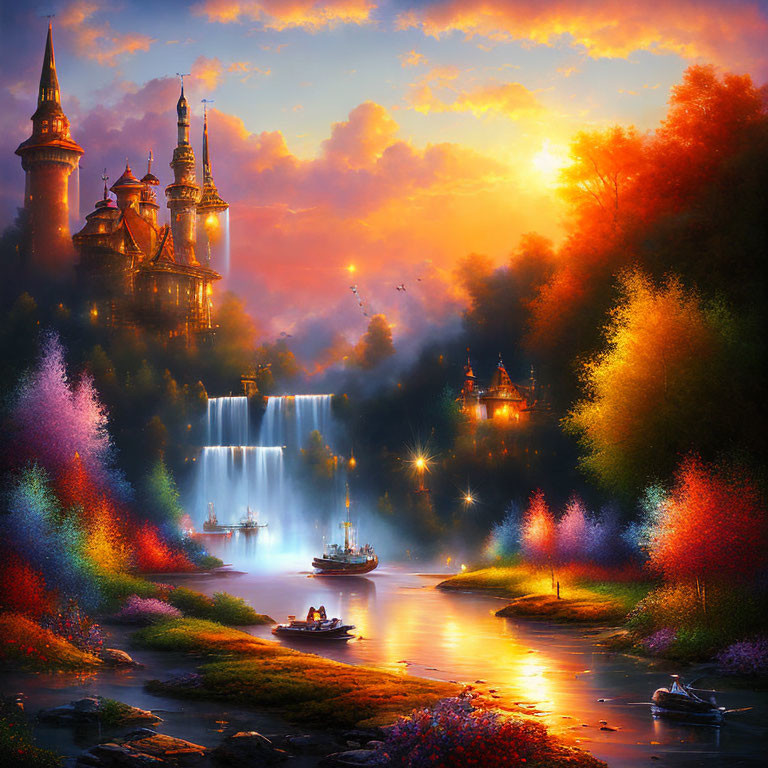 Fantastical sunset landscape with castle, waterfalls, river, boats, and colorful foliage