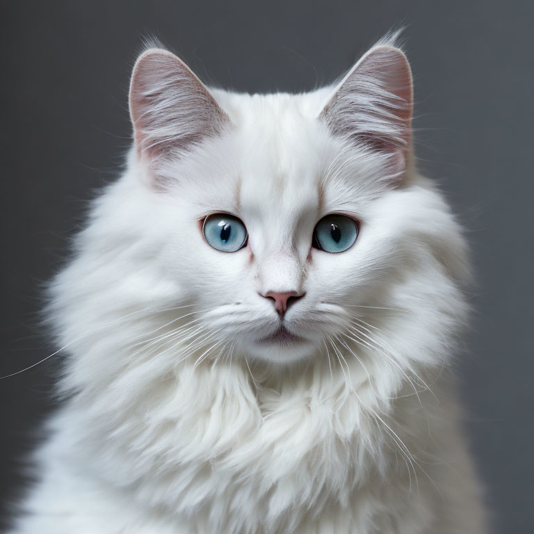 Fluffy White Cat with Striking Blue Eyes Against Gray Background