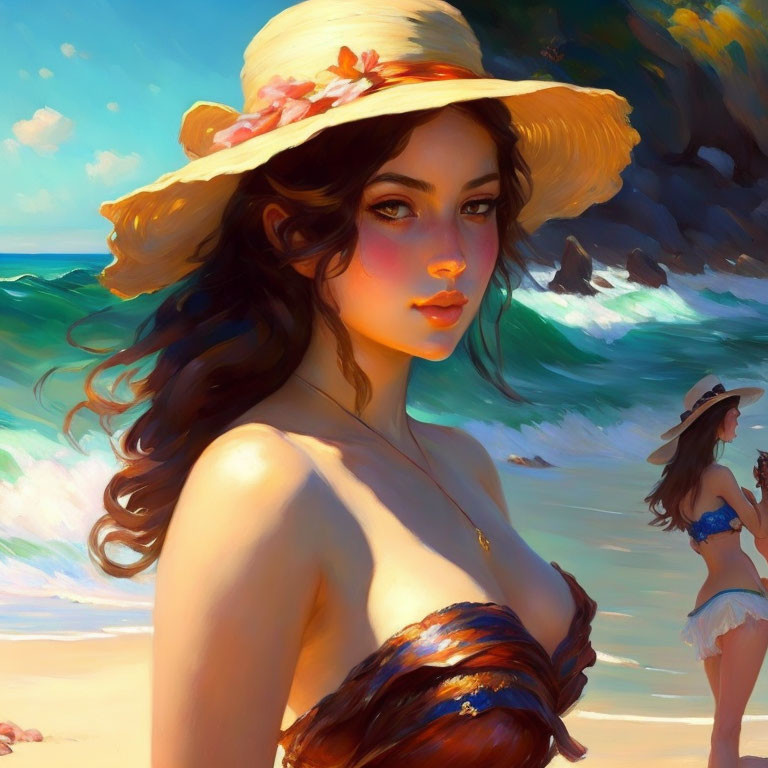 Digital painting of woman in sunhat at beach with figure under bright sky