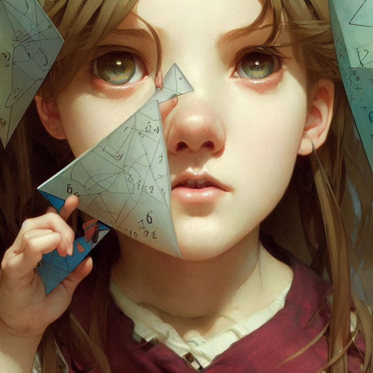 Close-up of girl with green eyes holding mathematical drawings on paper