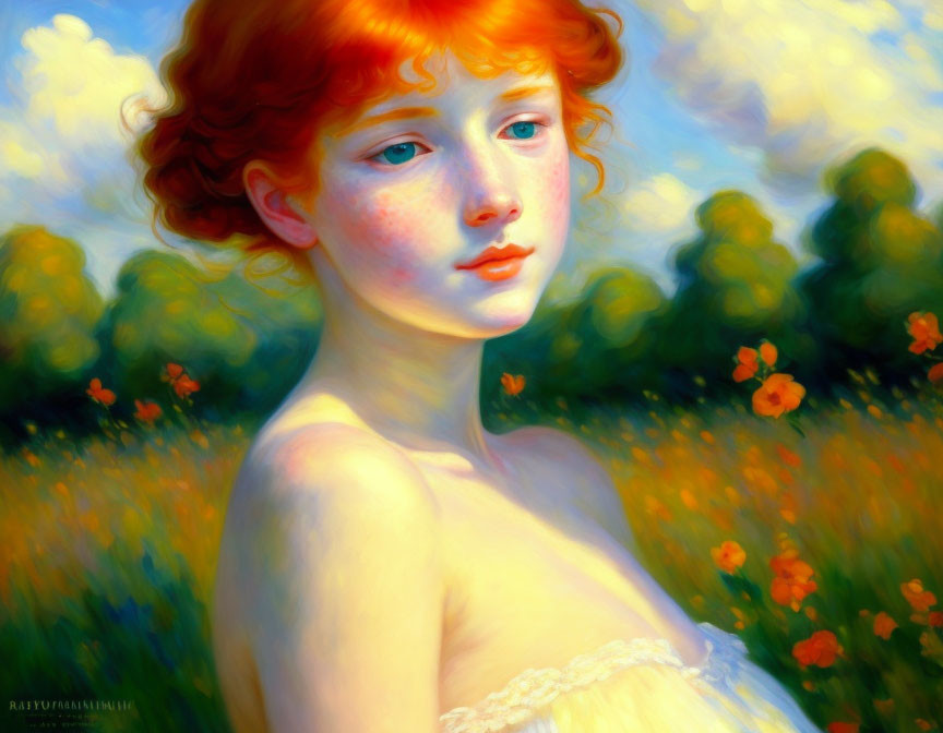 Portrait of Young Person with Red Hair in Sunlit Field