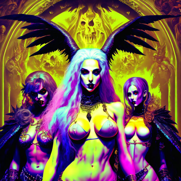 Colorful Artwork with Central Figure, Black Wings, and Horned Headdress in Gothic Setting