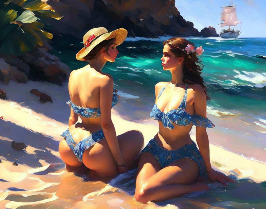 Two women in bikinis on sandy beach with clear blue sea and sailing ship.