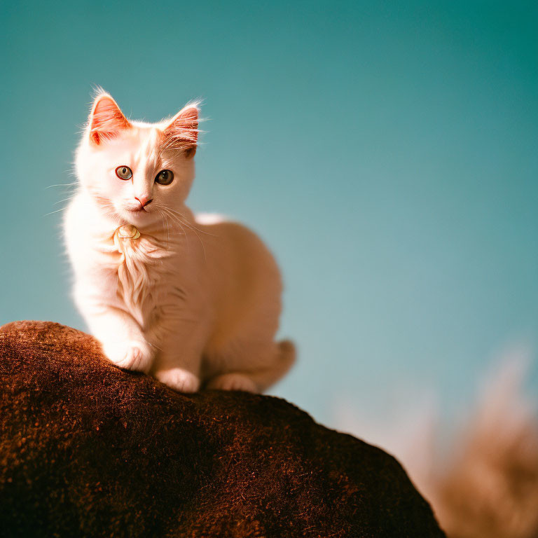 White Cat with Bright Eyes Sitting on Rock Against Blue Sky