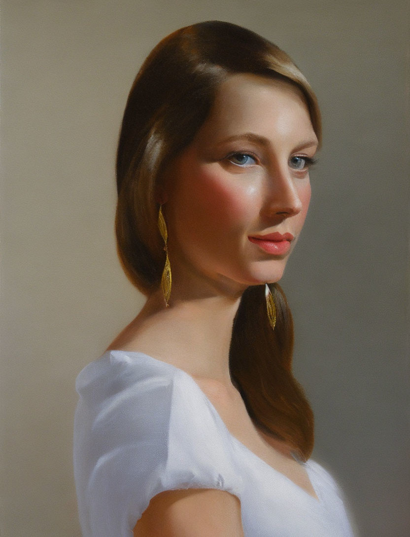 Portrait of woman with brown hair in white blouse and gold earrings