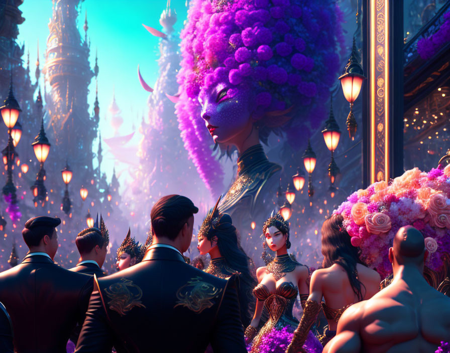 Elegant gathering with people in attire, purple flowers, lanterns, and ethereal figure