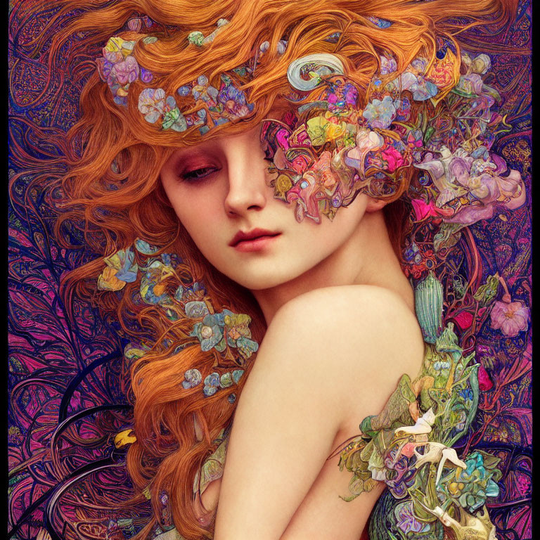 Detailed Illustration: Woman with Flowing Red Hair and Flowers on Purple Background