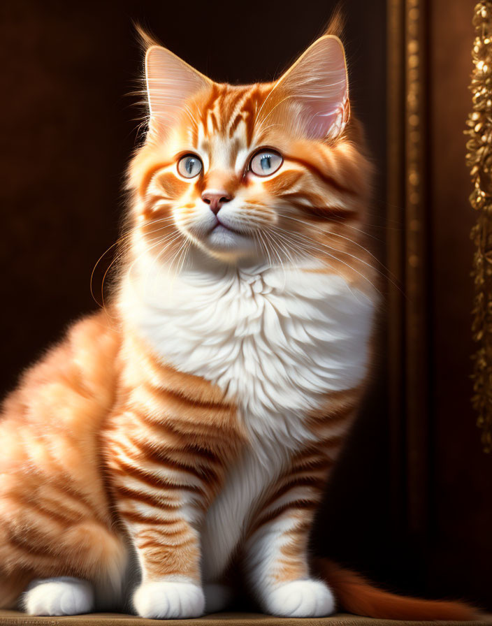 Orange and White Striped Cat with Fluffy Mane Against Dark Background