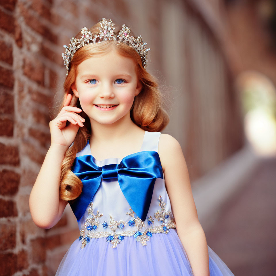 Young girl in tiara and blue dress twirling hair by brick wall