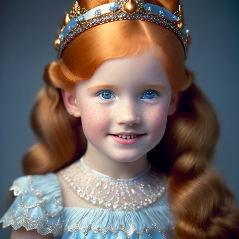 Digitally-rendered image of young girl with crown, blue eyes, ginger hair in braids on