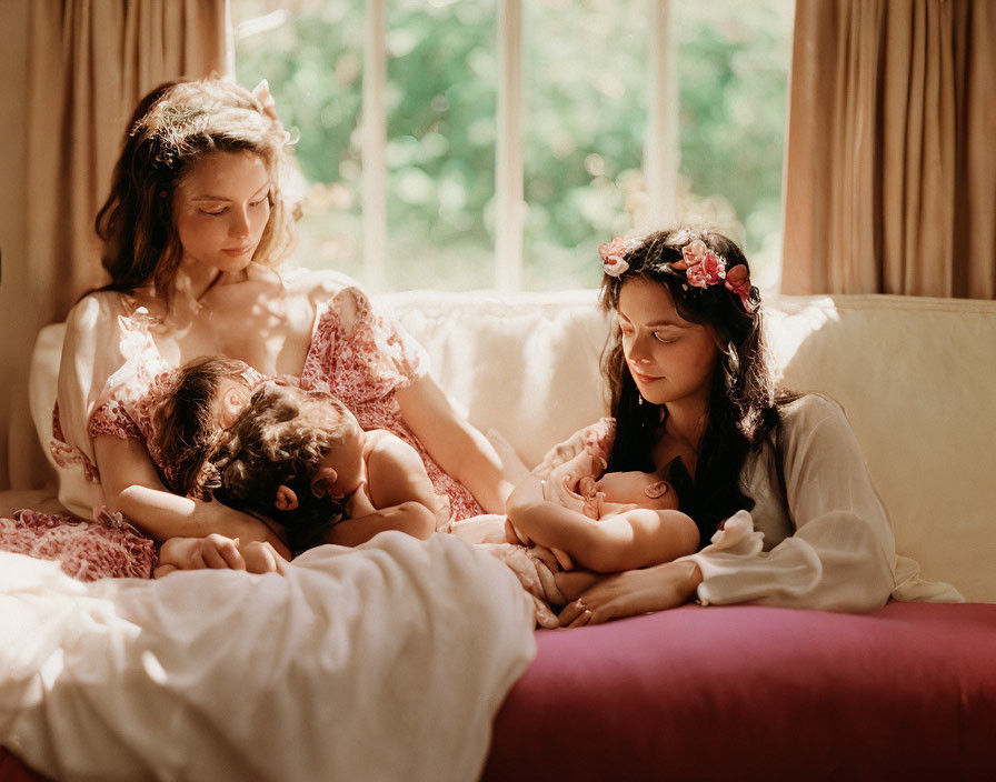 Two girls with floral headbands on a couch next to a sleeping child in soft sunlight