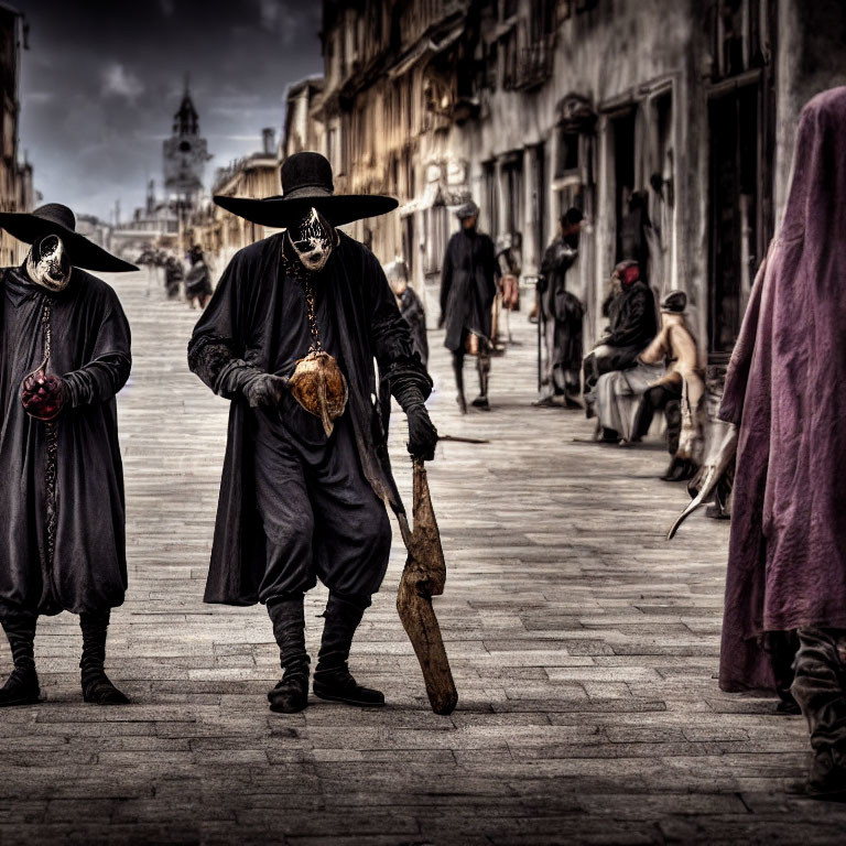 People in traditional plague doctor costumes on old cobblestone street