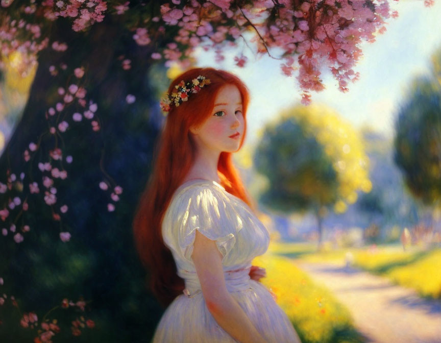 Red-haired woman in white dress under pink blossoming trees in garden