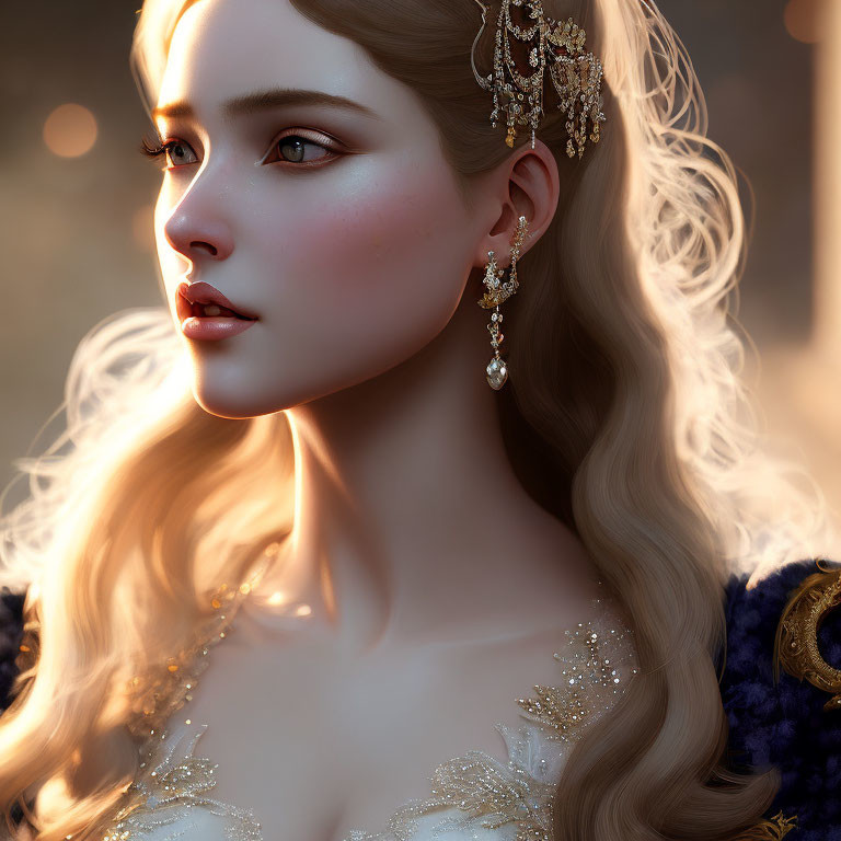 Portrait of woman with golden hair and delicate jewelry in warm light