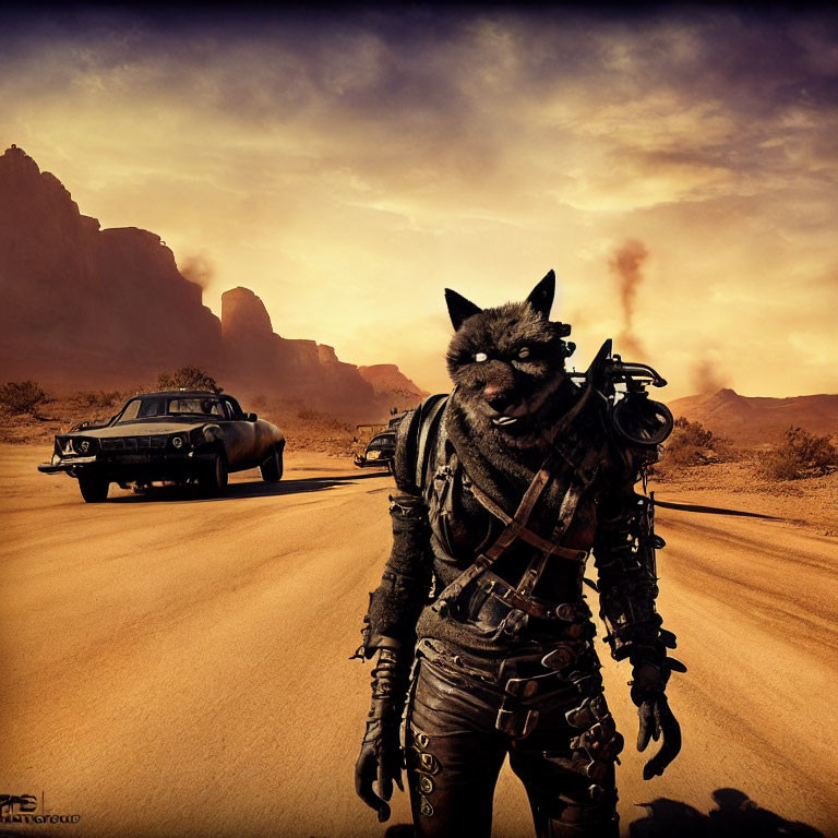 Post-apocalyptic scene with person in wolf-like costume and vintage car on desert road