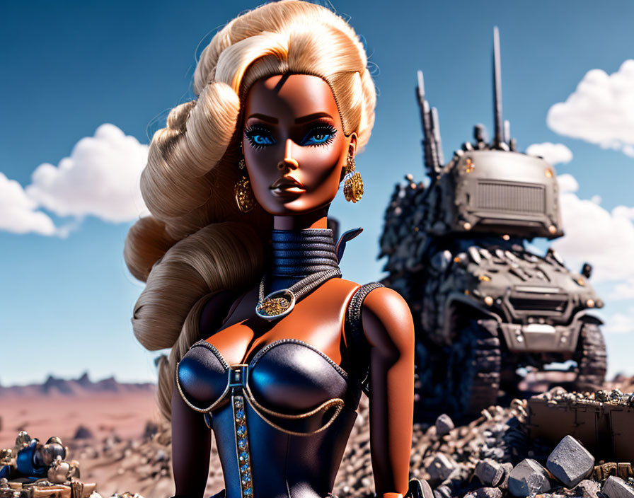 Blonde-haired female character in futuristic attire in desert with mechanical structure