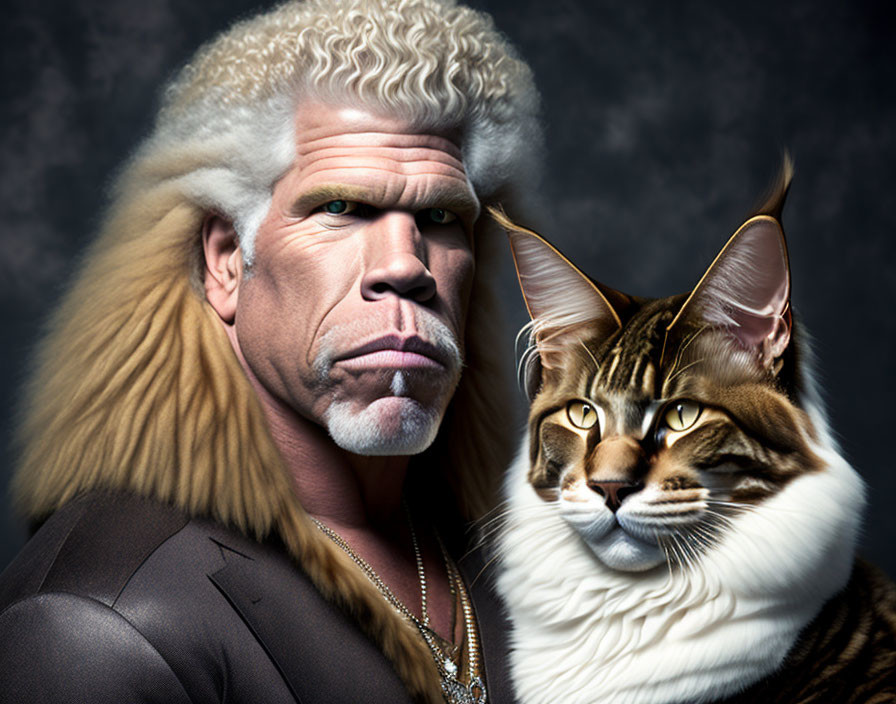 Digital composite of human male face with leonine and feline features on dark background