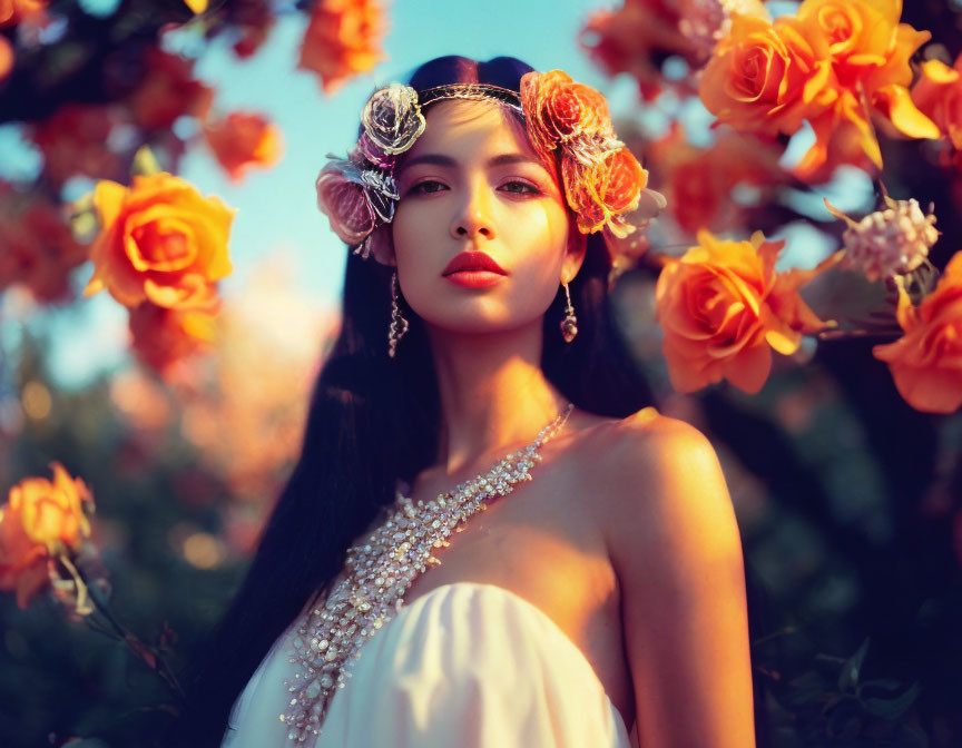 Woman with floral headpiece and jewelry posing among orange roses in golden sunlight