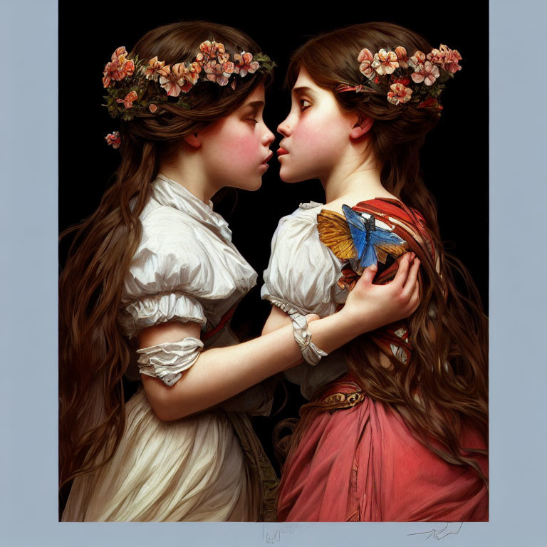 Two girls with floral crowns and flowing hair touch foreheads with a butterfly.