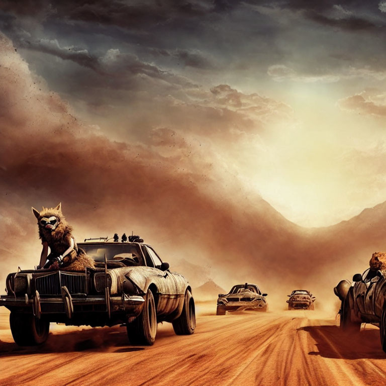 Vehicle chase through dusty desert with raccoon-like companion