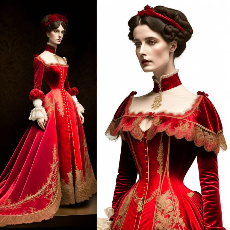 Victorian woman in red dress with gold embroidery on dark background