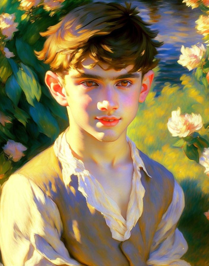 Portrait of young person with dark hair and big eyes in sunlit flower backdrop