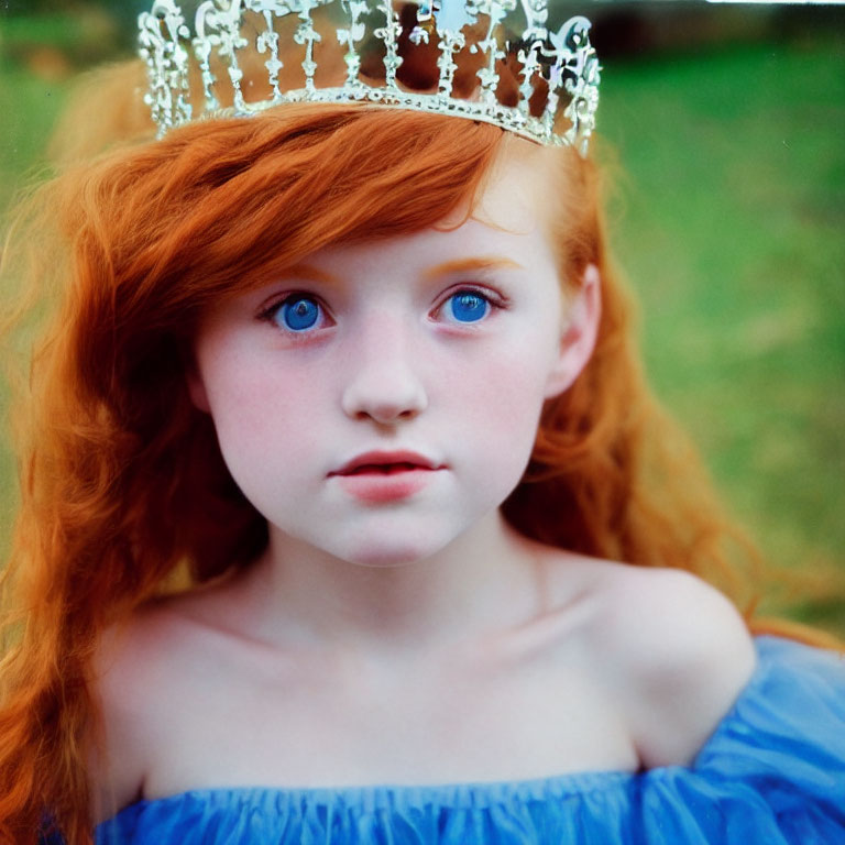 Red-haired girl in blue dress with tiara, exuding regal aura