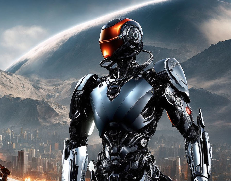 Futuristic robot with orange visor in cityscape with mountains.