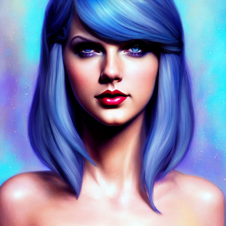 Colorful digital portrait of a woman with blue hair and red lips on starry purple and blue backdrop