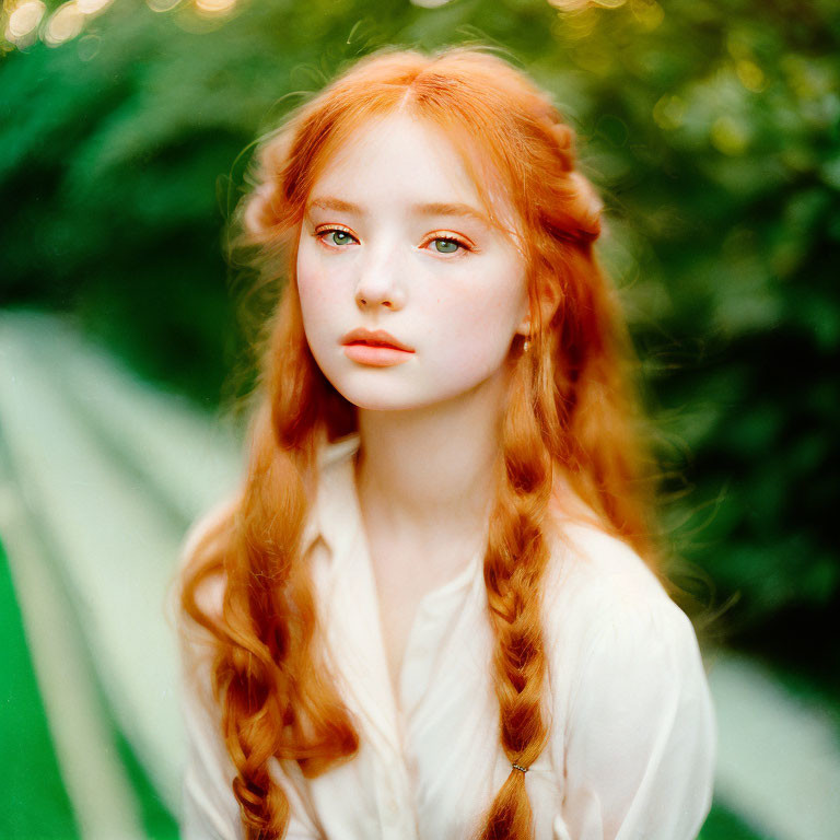 Young woman with red hair in braids, blue eyes, white blouse, on green background