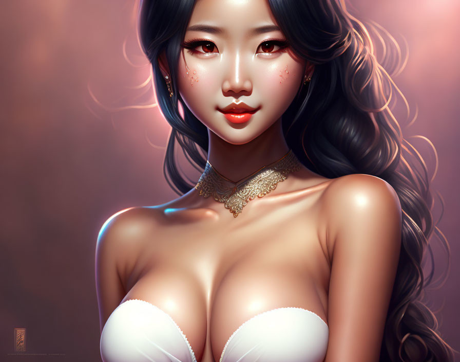 Detailed illustration of woman with long black hair, fair skin, freckles, white top.