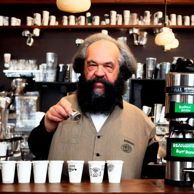 Bearded man pouring drinks in a coffee bar with mugs