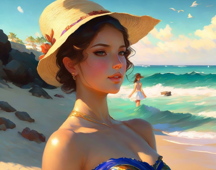 Woman in sun hat standing on beach with serene sea and distant figure