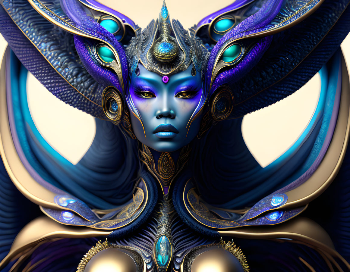 Stylized digital artwork of blue-skinned female figure with intricate gold and blue headgear and pe