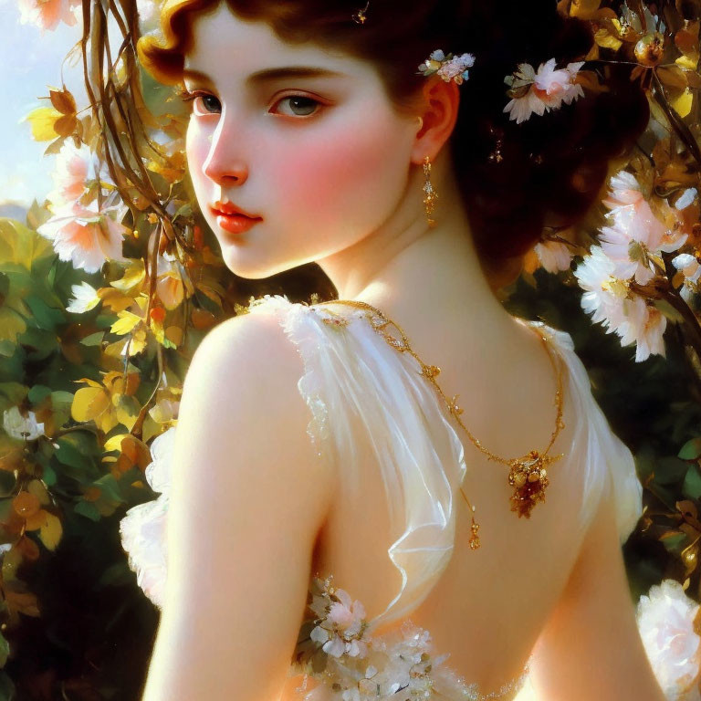 Portrait of woman with brown hair, rosy cheeks, red lips, white dress, flowers, gold