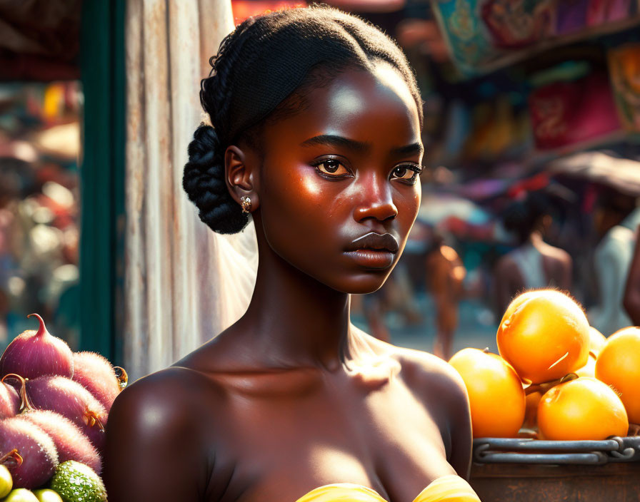 Braided Hair Woman with Fruits in Market Scene