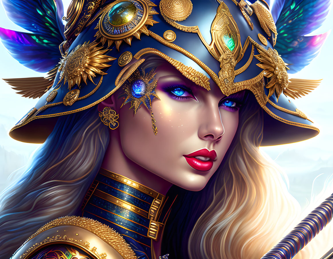 Digital artwork featuring woman in ornate blue and gold helmet with celestial motifs