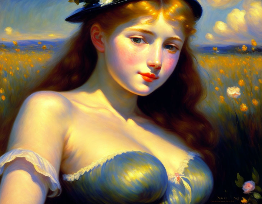 Portrait of young woman in low-cut dress and hat amid golden flowers.