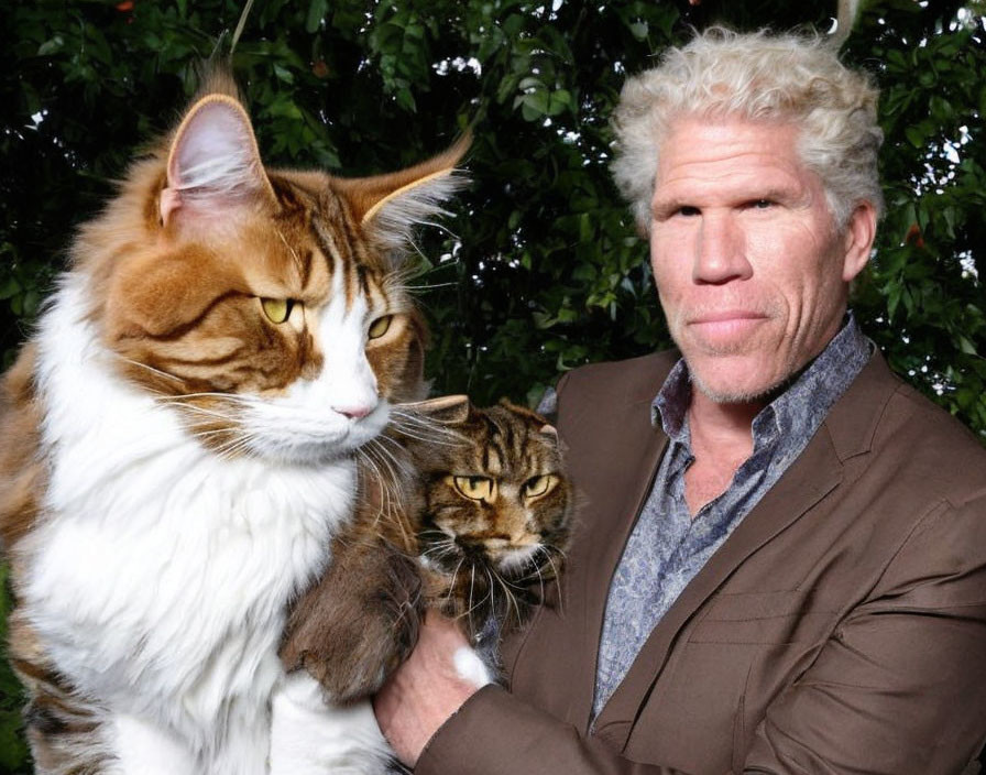 Person holding two large cats with different fur patterns against green foliage