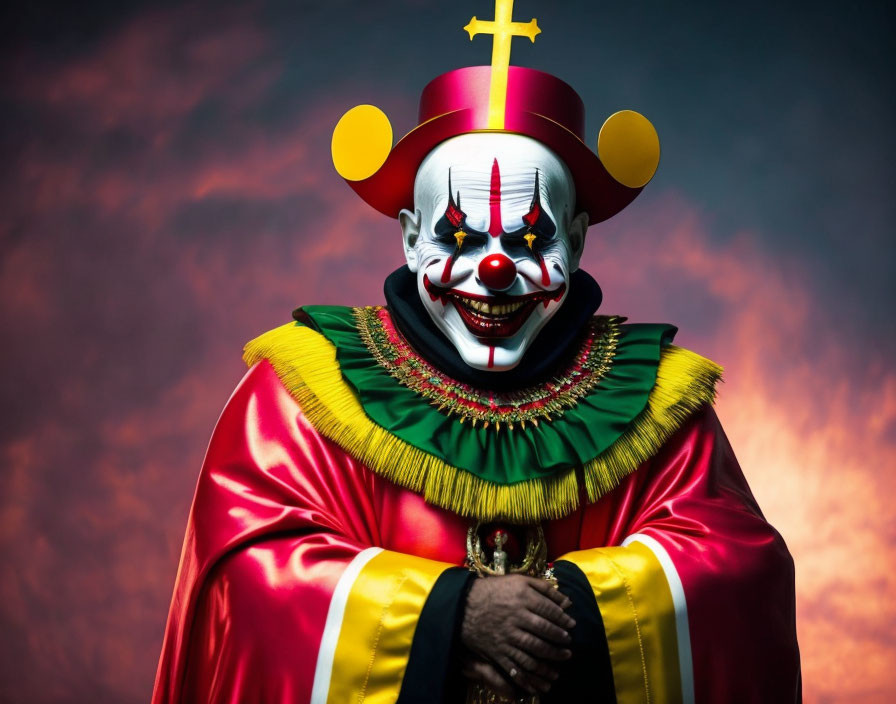 Menacing clown with white face paint on stormy sky backdrop