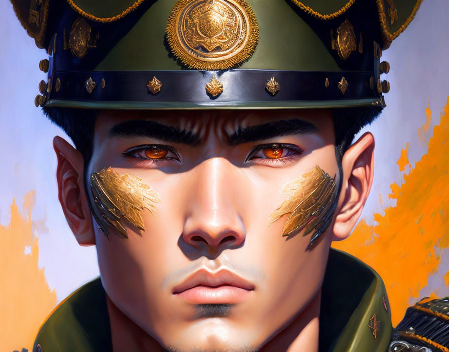 Detailed digital painting: stern-faced man in military uniform with golden epaulettes and cap on orange