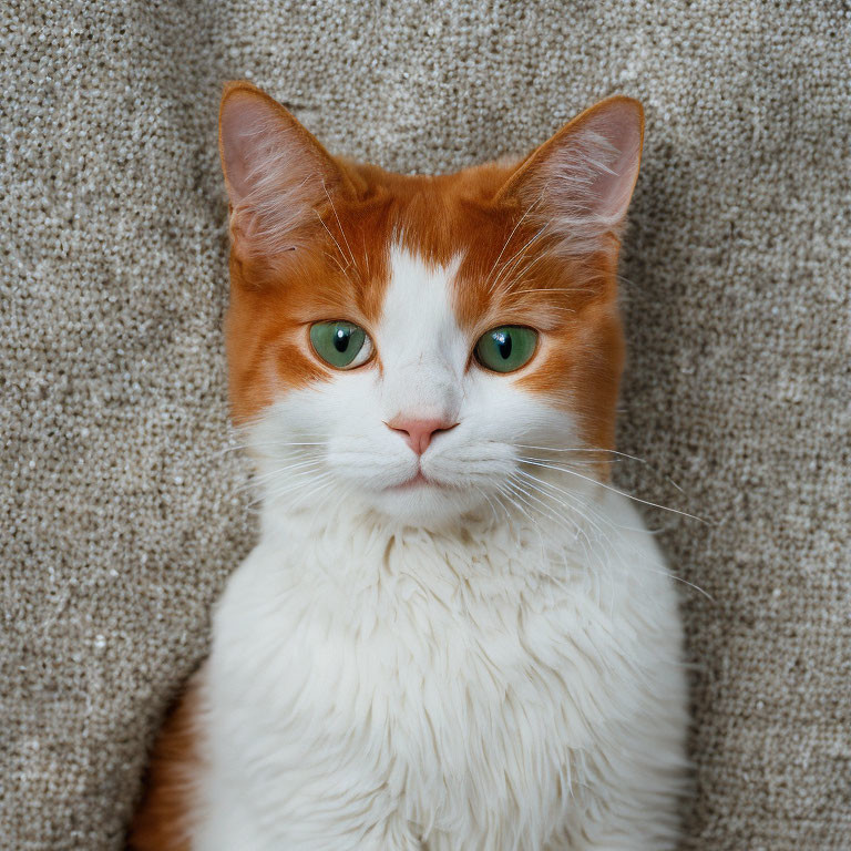 Orange and White Cat with Green Eyes on Beige Textured Background