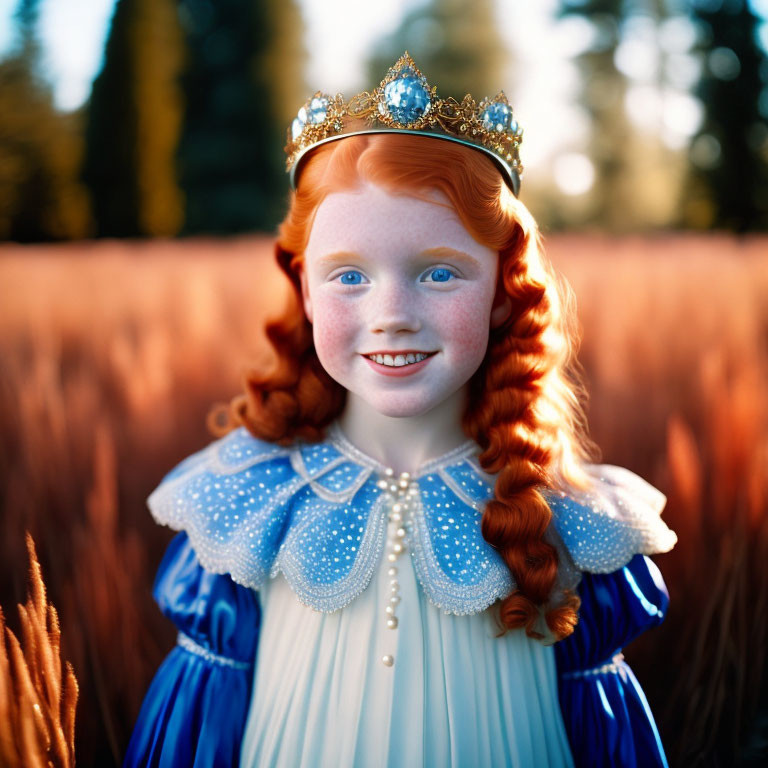 Red-haired girl with freckles and crown in blue dress in golden field.